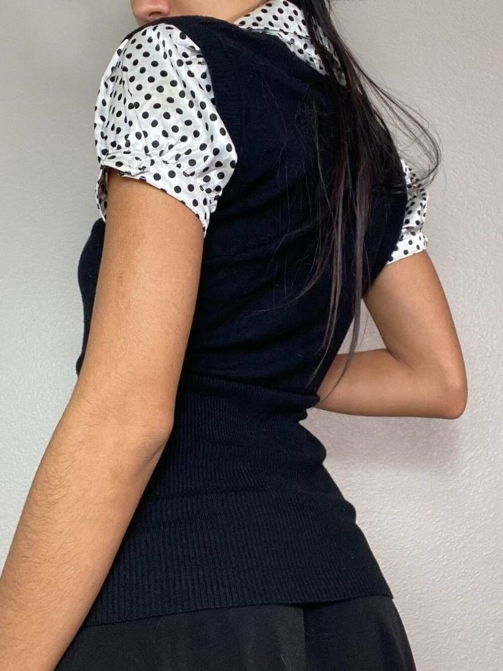 Y2K Office Layered Polka Dot Blouse Sweater Vest Combo Top - Picture 4 of 4